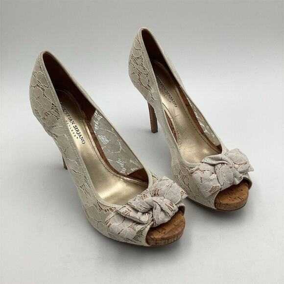Christian Siriano White Lace Peep Toe Heels Size 10 Formal Bow Detail - Picture 1 of 10